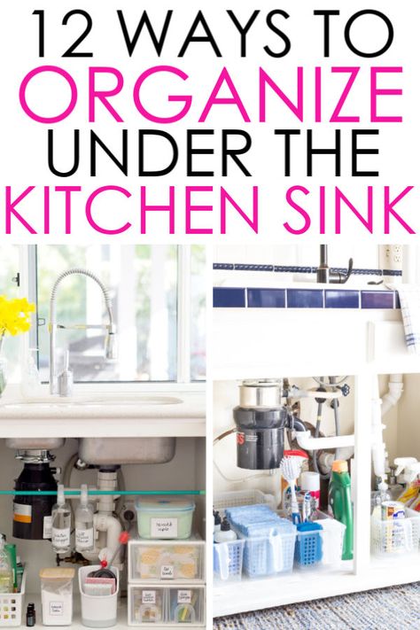 12 Ways To Organize Under The Kitchen Sink. How to work around plumbing and create more space for cleaning supplies, pet food, shopping bag storage and more! #unclutteredsimplicity Organize Under Kitchen Sink, Under The Kitchen Sink Organization, Organize Your Kitchen Cabinets, Modern Homemaking, Under The Kitchen Sink, Kitchen Sink Diy, Under Kitchen Sink, Sink Organization, Under Kitchen Sink Organization