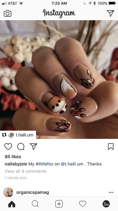 Raccoon Nails, Hedgehog Nail Art, Squirrel Nail Design, Fall Fox Nails Designs, Uñas Coquette, Autumn Fox Nail Art, Nails With Animals Nailart, Prom Themes, Autumn Nails