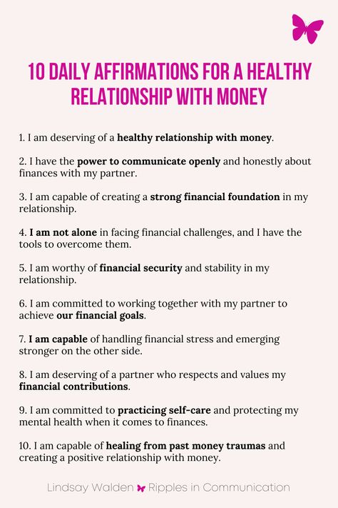 Transform your relationship with money and build a strong financial foundation in your relationship with these 10 daily affirmations. Click to read more and start your journey to financial harmony today! Money Relationship Goals, Relationship Financial Quotes, Healthy Relationship With Money, Healing My Relationship With Money, Healing Your Relationship With Money, Financial Stability Affirmations, Financial Relationship Problems, Financial Foundation, How To Build Financial Stability