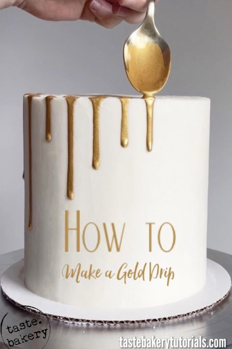 50th Anniversary Cakes Buttercream, White And Gold Drip Cake Birthday, Good Drip Cake, Black And Gold Cake Decoration, How To Make Gold Chocolate Drip, How To Make Gold Ganache Drip, Gold Drip On Cake, Drip For Cake Recipe, Golden Dripping Cake