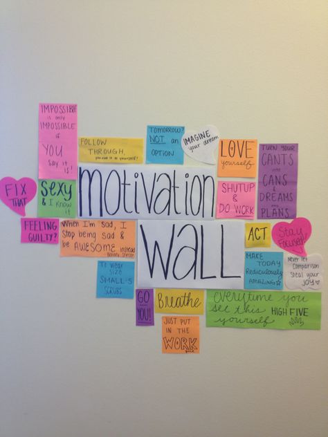 My new motivation wall! I recreated it from another pin and I'm really excited !!! :D Motivation Wall Aesthetic, Motivation Wall Classroom, Quotes To Write On Wall, Student Wall Decor Ideas, Sticky Notes Study Wall, Room Wall Quotes Aesthetic, Study Motivation Room Decor, Desk Motivation Wall, Study Table Wall Decor Quotes