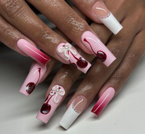 Princess Peach Nail Design, Betty Boop Nails Designs, Bratz Nails Design, Pink Cherry Nails, Betty Boop Nails, Bratz Nails, Cake Nails, Bunny Nails, Long Square Nails