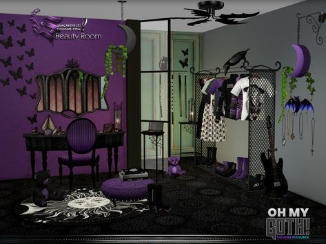 The Sims Resource - Oh My Goth Beauty Room Oh My Goth Sims 4 Cc, Goth Sims 4, Monster High Room, Sims 4 Cc Goth, Emo Room, Sims 4 Beds, Scene Room, Goth Bedroom, Gothic Wall Decor