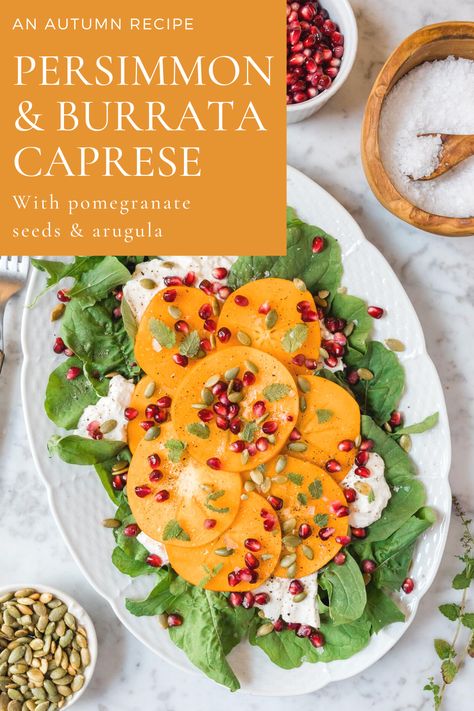 This persimmon and burrata caprese with pomegranate seeds and arugula will make for the perfect fall lunch or fall salad idea. The recipe can also be served for Thanksgiving. #recipe #cooking #fallsalads Pomegranite Salad, Salad With Pumpkin Seeds, Focaccia Flatbread, Autumn Lunch, Burrata Caprese, Prosciutto Salad, Burrata Recipe, Burrata Salad, Pomegranate Salad