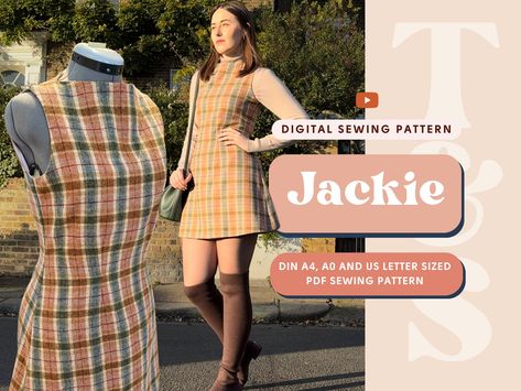 This downloadable sewing pattern features Jackie, a mini shift dress with a sixties silhouette and boat neckline. She comes in a standard mini length (skirt 50cm for 165-180cm height, sizes XS-3XL EU).  Jackie is a versatile Jack of all trades and comes in three options: sleeveless, long fitted sleeves, and long sleeves with a puffy shoulder. It's available in sizes XS - 3XL European, no seam allowance included, no written instructions included - video tutorial provided.  Find more details in th Jackie Dress, Jack Of All Trades, Shift Dress Pattern, Couture Mode, Sewing Design, Diy Sewing Clothes, Clothes Sewing Patterns, Fashion Sewing Pattern, Dress Sewing