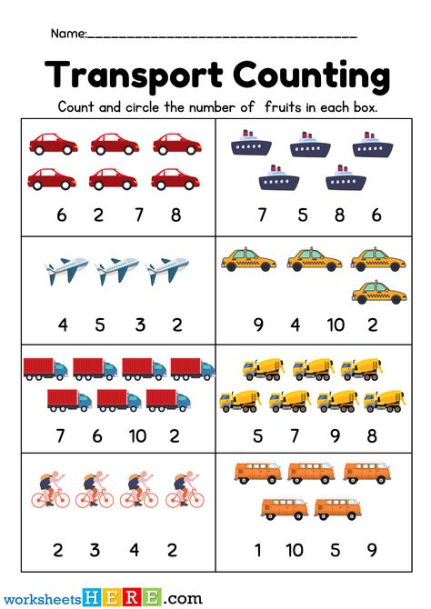 Transport Counting, Count and Circle the Number of Transport PDF Worksheet For Kindergarten - WorksheetsHere.com Counting Transportation Worksheet, Transportation Counting Preschool, Transport Maths Activities, Transport Kindergarten Activities, Transportation Group Activity, Theme Transportation Preschool, Transportation Worksheet Kindergarten, Transportation Kindergarten Activities, Transportation For Kindergarten