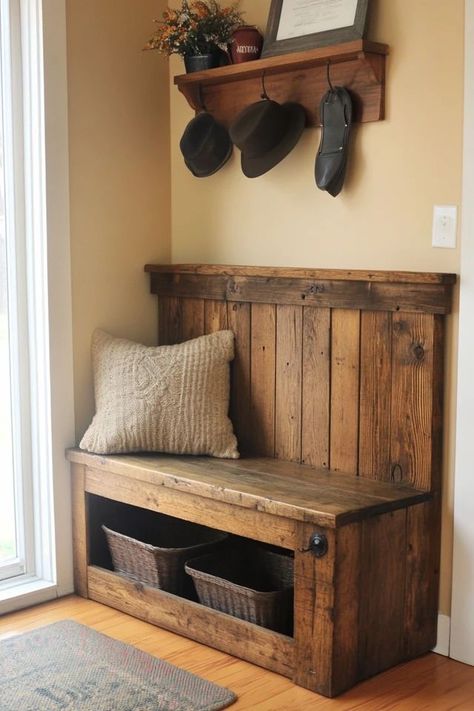 "Transform your entryway with a DIY Rustic Bench that offers storage and style! 🛠️🏡 Ideal for a farmhouse-inspired space. #EntrywayInspo #RusticDecor #DIYFurniture" Mudroom Table Entryway, Rustic Hall Tree Entryway, Homemade Wood Furniture, Farmhouse Entryway Ideas With Bench, Diy Entryway Bench With Storage, Rustic Mudroom Ideas, Cabin Entryway Ideas, Rustic Bench Entryway, Diy Rustic Bench