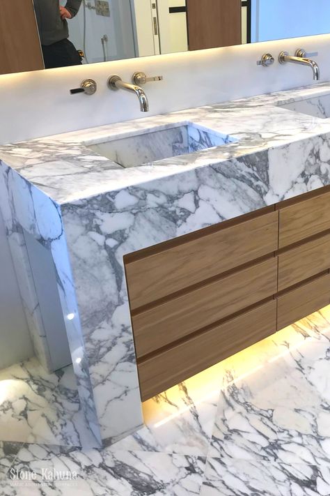 Look at this beautiful white #Arabescatomarble we sourced from an Italian supplier for a #London #project. This material is perfect for use on vanity units as we have illustrated here.  We are confident in this part of our production by using only the best masonry tools and machinery. Combined with our extensive know-how and proven track record allows us to complete projects generally ahead of schedule as we understand how to harness the magic of this beautiful #stone. #bathroomgoals. #homeinspo Granite Basin Bathroom, Marble Basin, Marble Integrated Sink, Granite Vanity, Lusso Stone Basin, Lusso Marble Basin, Masonry Tools, Arabescato Marble, Bathroom Goals