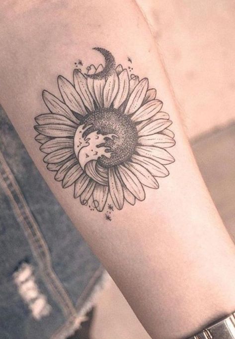 Sun flower and moon tattoo Flower And Moon Tattoo, Sunflower Mandala Tattoo, Sunflower Tattoo Simple, Sunflower Tattoo Sleeve, Sunflower Tattoo Shoulder, Tattoos To Cover Scars, Feminine Tattoo Sleeves, Mom Tattoo Designs, Eagle Tattoos