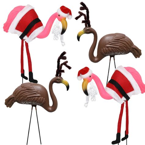 PRICES MAY VARY. Four large flamingos in 2 unique designs with Chirstmas Santa costume in Pink flamingo and Reindeer costume in Brown flamingo. Each flamingo size is approx. 17" wide x 8" Tall, with a pair of 17.5" black vinyl covered metal stakes. After assembled, flamingo skeleton is up to 24.5" height. Made with durable and weather resistant plastic for indoor and outdoor use. Perfect for Christmas garden lawn ornaments, Hawaiian Christmas festival yard decortions, Chirstmas flamingo party de Christmas Yard Ornaments, Outdoor Christmas Decorations Yard, Reindeer Costume, Christmas Flamingo, Halloween Lawn, Hawaiian Christmas, Yard Ornaments, Flamingo Decor, Santa Costume