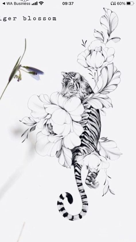 Tiger Shin Tattoo For Women, Tiger Tattoo Ideas Female, Tiger With Flowers Drawing, Tiger Tattoo With Cherry Blossoms, Peaceful Tiger Tattoo, Feminine Panther Tattoo For Women, Tiger In Flowers Tattoo, Leopard Sleeve Tattoo Women, Large Animal Tattoos