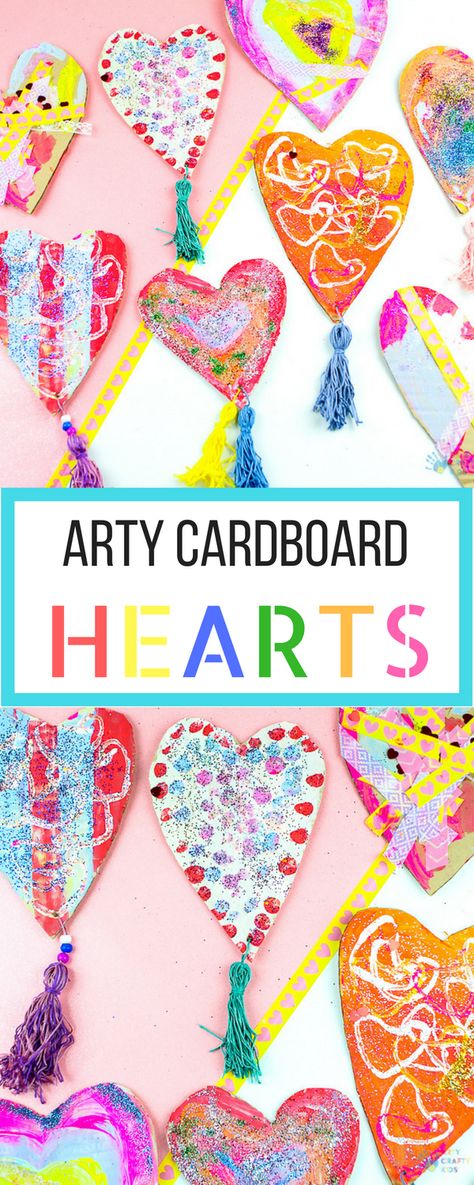 Arty Crafty Kids | Crafts for Kids | Recycled Cardboard Heart Decorations - A process led heart project for kids using recycled cardboard #hearts #kidscrafts #easycraftsforkids Cardboard Hearts, Cardboard Decorations, Cardboard Heart, Led Heart, Recycling For Kids, Heart Project, February Crafts, Heart Projects, Valentine's Day Crafts For Kids