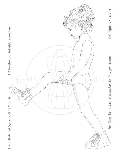 This fashion sketch features a marching, little girl captured in a harmonious proportion, presented in front and side view. Childrens Fashion Illustration, Quick Fashion Sketch, Children Fashion Sketch, Fashion Illustration Template, Fashion Model Drawing, Fashion Figure Templates, Croquis Fashion, Girl Standing, Fashion Figures