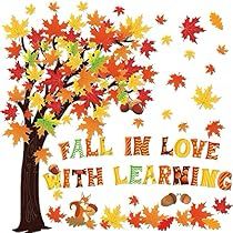 Leaves Bulletin Board, School Cafeteria Decorations, Fall Tree Decorations, Fall Cutouts, Fall In Love With Learning, Bulletin Board Tree, School Blackboard, Classroom Tree, Thanksgiving Wall Decor