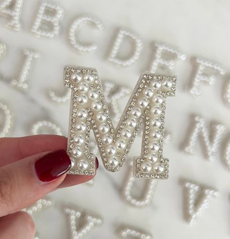 WHITE PEARL/DIAMOND LETTER PATCH -High Quality White Pearl and Diamond Alphabet Patches -Letters A-Z available -Adhesive Backing, sticks right onto bags/jackets/etc.  Dimensions: 2.4 inches tall Pearl Letters Diy, J Dot, Framed Letters, Letter Patches, Pearl Letters, Ribbon Crafts Diy, Pearl Embroidery, Diy Letters, L Alphabet