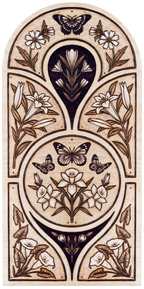 Gothic Art Nouveau Decor, Wood Burned Cabinets, Art Nouveau Mandala, Art Nouveau Alphabet, Dark Art Nouveau Aesthetic, Wood Burning Furniture, Burned Wood Art, Wood Burning Art Ideas, Floral Wood Burning