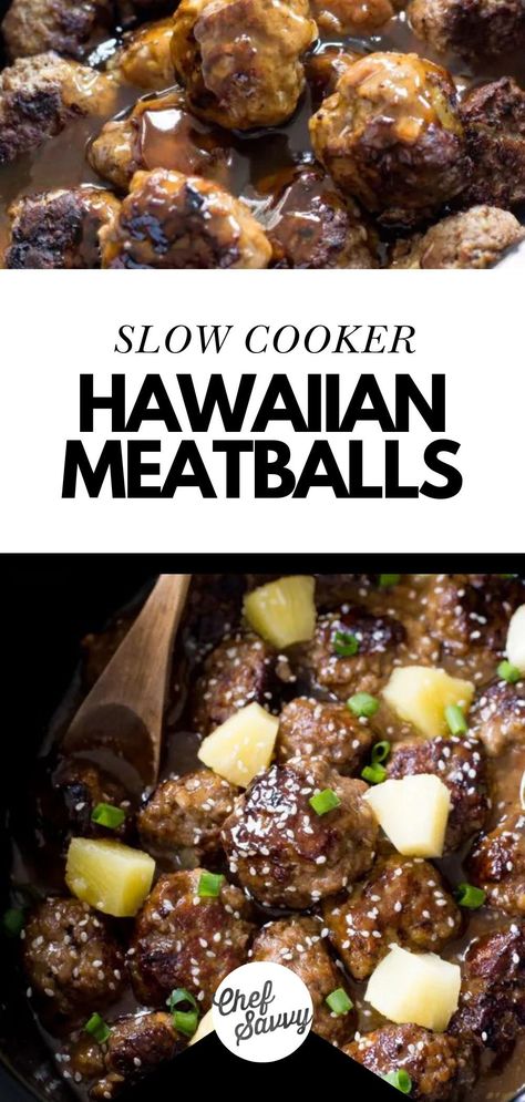 Save this easy Crockpot Hawaiian Meatballs Recipe because it packs a ton of flavor in every bite. These slow cooker meatballs are smothered in a tangy sweet and sour sauce, then topped with sesame seeds and sliced green onion. They make a great appetizer or main dish for any night of the week! Follow Chef Savvy for more easy crock pot recipes for meat eaters. Hawaiian Meatballs Crockpot Easy, Crockpot Hawaiian Meatballs, Slow Cooker Hawaiian Meatballs, Hawaiian Meatballs, Chef Savvy, Easy Crockpot Dinners, Slow Cooker Meatballs, Sweet And Sour Sauce, Meatballs Recipe