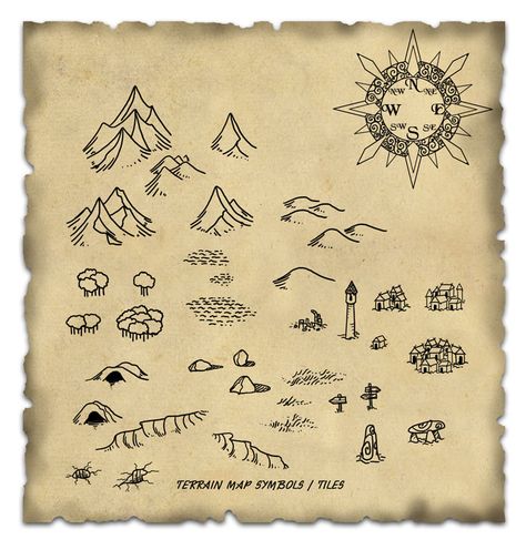 Terrain Map Symbol / Tiles cartography icons | Create your own roleplaying game material w/ RPG Bard: www.rpgbard.com | Writing inspiration for Dungeons and Dragons DND D&D Pathfinder PFRPG Warhammer 40k Star Wars Shadowrun Call of Cthulhu Lord of the Rings LoTR + d20 fantasy science fiction scifi horror design | Not Trusty Sword art: click artwork for source Cartography Map, Map Sketch, Fantasy Map Making, Map Symbols, Fantasy World Map, Map Icons, Terrain Map, Drawn Map, Rpg Map