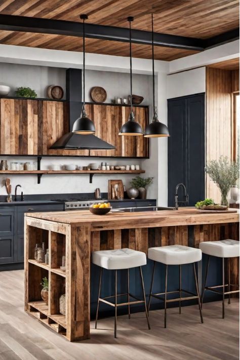 Functional and stylish DIY kitchen island makeover Barndominium Kitchen Open Concept, Rustic Kitchen Islands, Modern Cabin Kitchen, Black Farmhouse Kitchen, Industrial Farmhouse Kitchen, Island Makeover, Teal House, Kitchen Island Makeover, Amazing Kitchens