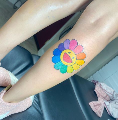 Rainbow Flowers Tattoo, Murakami Flower Tattoo, Murakami Tattoo, Cute Simple Tattoos, Murakami Flower, Colorful Tattoos, Henna Inspired Tattoos, Hand Tattoos For Girls, Cute Hand Tattoos