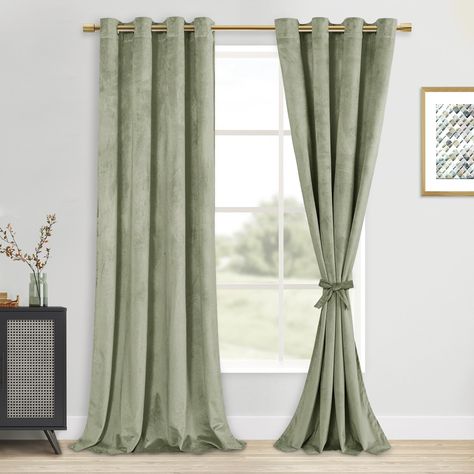 PRICES MAY VARY. PACKAGE READY - Our package includes 2 Tieable Elegant Velvet Curtain Panels , each measuring 52"W x 108"L (from silver grommet center to curtain bottom). Grommet top designed make curtains slide easily. LUXURY APPEARANCE - DWCN New Tieable Velvet Curtains have a soft, silky texture and comfort. The surface of the curtains has a glossy finish and beautiful texture, creating an elegant and warm atmosphere in the room. SPECIAL DESIGN - If you have higher requirements for curtains, Green Velvet Curtains, Room Darkening Window Treatments, Drapes For Bedroom, Window Curtains Bedroom, Long Room, Sage Green Bedroom, Velvet Drapes, Green Curtains, Drape Panel