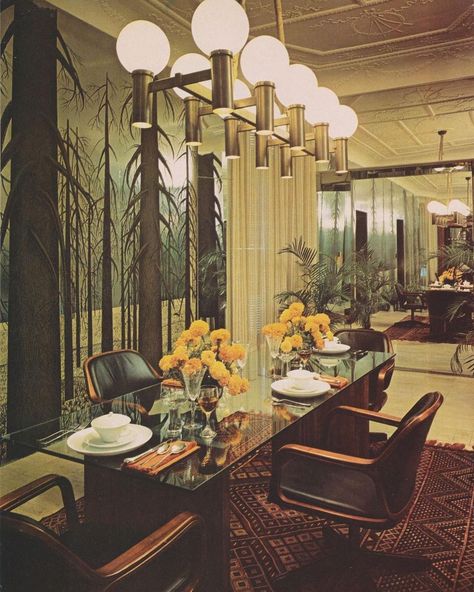 70s Worship on Instagram: “Mirrored walls, embossed metal ceiling tiles/molding, and that light fixture. Not sure how I feel about the winter forest wallpaper. How…”