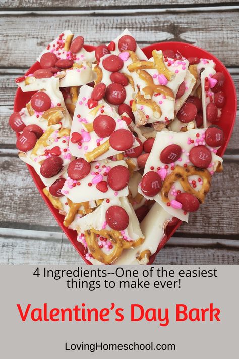 Valentine’s Day Bark; A quick and easy to make dessert with sweet and salty flavors in pretty red, pink and white Valentine colors; ready in a little over an hour #bark #valentine’sdaydessert #lovinghomeschool #valentine’sday #valentine’sdaybark #valentine’s Valentine Bark Recipe, Best Friend Tattoo Ideas, Friend Tattoo Ideas, Almond Bark Recipes, Valentine Colors, Yoghurt Bark, Home Made Candy, Best Friend Tattoo, Easy Treats To Make