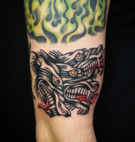 Cerberus by Lina at Gnostic Tattoo Brooklyn NY Cerebus Dog Tattoo Traditional, Cerberus Tattoo Traditional, Traditional Hyena Tattoo, Gnostic Tattoo, 3 Headed Dog Tattoo, Hell Hound Tattoo, Cerberus Tattoo Design, Cerebus Dog Tattoo, Hellhound Tattoo