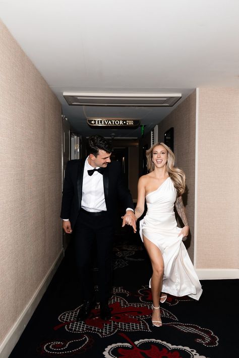 Bride and groom running down the hallway at Encore in Las Vegas. Get inspired by more fun elopement photo ideas, elopement photoshoot inspiration, and elopement photo poses. Book Kyra for your Las Vegas elopement photography at riskyexposurephotography.com! Hotel Hallway Photoshoot, Bridal Lingerie Photoshoot, Vegas Elopment Photoshoot, Bride And Groom Running, Las Vegas Wedding Elopements, Hotel Elopement, Fun Elopement, Elopement Photo Ideas, Chicago Elopement