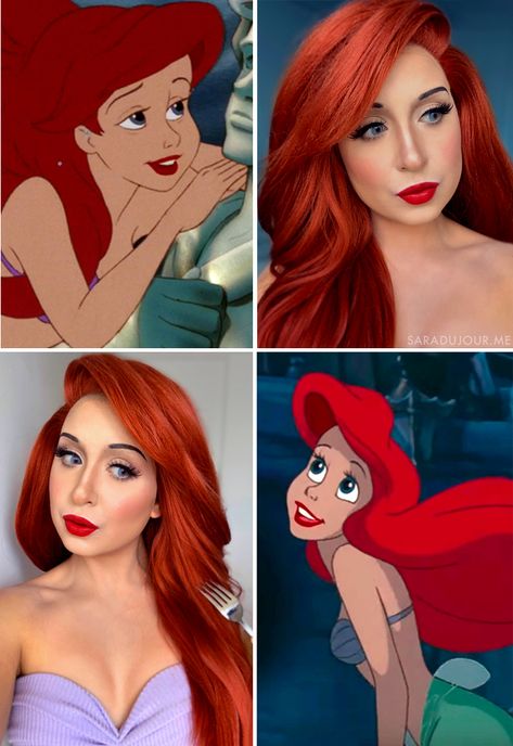 Ariel Cosplay Makeup, Ariel Inspired Hairstyles, Diy Ariel Costume Women Easy, Ariel Mermaid Makeup, Ariel Makeup Look Easy, Ariel Hair Tutorial, Ariel The Little Mermaid Makeup, Ariel Costume Makeup, Arial Makeup