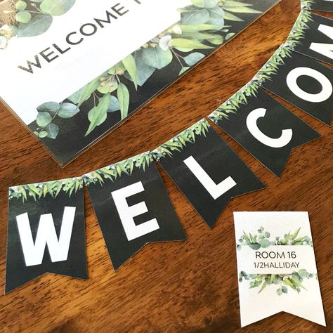 Easy to edit Eucalyptus Classroom Labels and Signs - your classroom will be a place of calm with these gum leaf labels | you clever monkey Eucalyptus Classroom, Floral Wallpaper Vintage, Classroom Bunting, Classroom Door Displays, Black White Prints, Growth Mindset Classroom, Gum Leaves, Birthday Display, School Displays