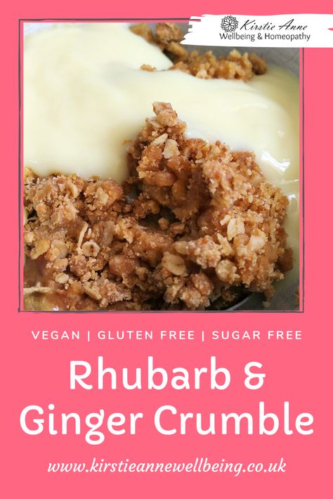 Rhubarb & Ginger Crumble Recipe - vegan, gluten free, sugar free and dairy free!   A delicious and easy pudding/dessert recipe that is allergy friendly.   Kirstie Anne Wellbeing - Good food for tired mums! <3   #veganuary #plantbasedkids #veganish Gluten Free Crumble Topping, Dairy Free Custard, Gluten Free Crumble, Pudding Desserts Recipes, Food Vibes, Vegan Jelly, Rhubarb Plants, Easy Puddings, Banana Nice Cream