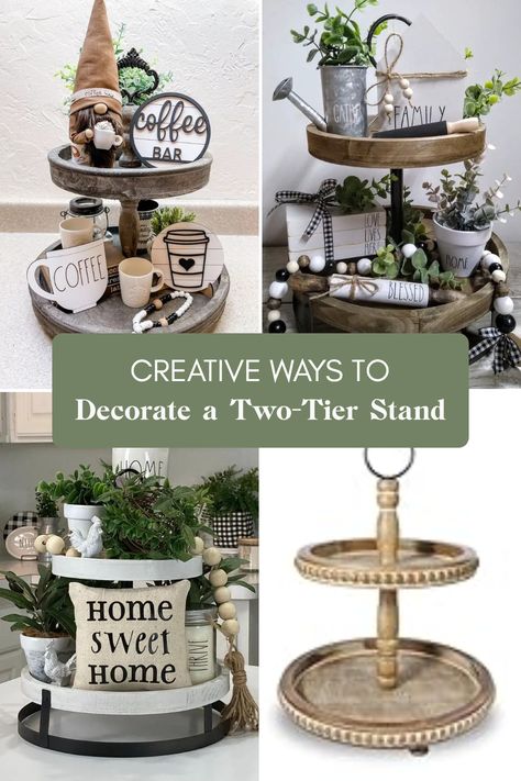 Transform your ordinary two-tier stand into a stunning centerpiece with these fun and simple decorating ideas! Whether you want to create a cozy farmhouse vibe or a spunky seasonal display, the right tiered tray decor can elevate any space. Learn how to use textures, colors, and themed arrangements to showcase your favorite items, from candles to seasonal decor. Discover how the right wooden tray features bring in rustic charm and warmth. It's time to get crafty and make your two-tier stand the talk of the table! Modern Farmhouse Tray Decor, Two Tier Tray Decor, Simple Decorating Ideas, Simple Decorating, Family Bar, Rule Of Three, Seasonal Displays, Tiered Stand, Cute Signs