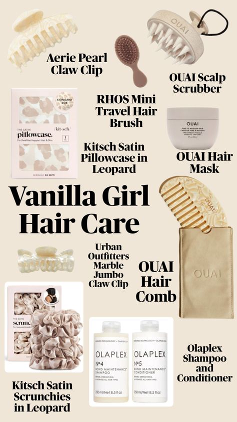 #vanillagirlguide #cleangirlaesthetic #cozygirl #selfcare #vanillagirl #vanilla #vanillagirlaesthetic #hair #haircare #vanillagirloutfit #aesthetic #selfcareaesthetic Vanilla Hair Care, Vanilla Hair Oil, Vanilla Hair Products, Vanilla Self Care Products, Vanilla Shampoo And Conditioner, Shower Skin Care Vanilla, Haircare Products Aesthetic, Vanilla Silk Shampoo And Conditioner, Haircare Wishlist