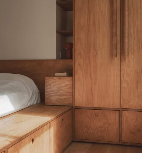 Bed Wardrobe, Small Bedroom Remodel, Plywood Interior, Living Area Design, Joinery Design, Pine Plywood, Tiny Apartment, Tiny Bedroom, Home Additions