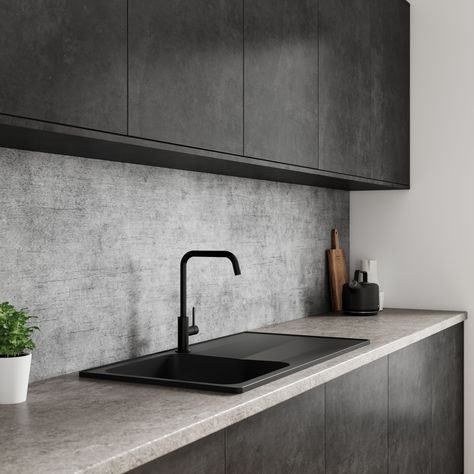 Brooklyn Concrete is a light cement splashback design, crafted to look like poured concrete with pronounced lines in dark grey, and subtle speckles throughout. Transform your kitchen with the new rich natural textures of the Alloy Decor Range. #idsurfaces #alloy #kitchensplashbacks #concrete #kitcheninspiration Cement Kitchen Ideas, Grey Concrete Countertops, Grey Splashback, Grey Kitchen Interior, Cement Kitchen, Kitchen Under Stairs, Concrete Interior Design, Grey Cupboards, Brooklyn Kitchen