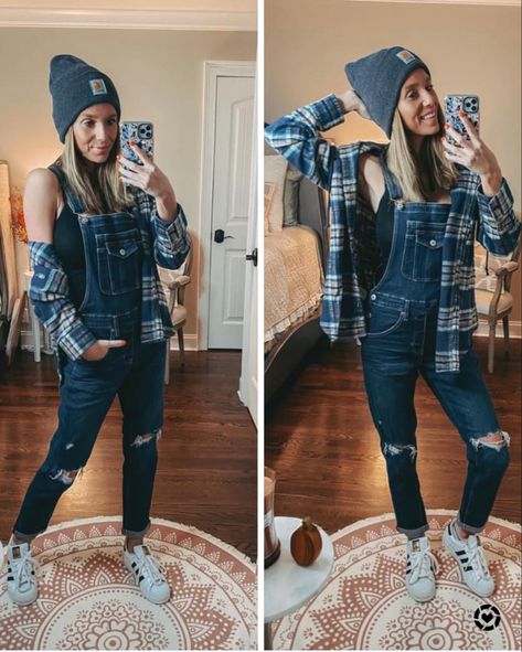 Shacket style fall outfit inspo flannel #fallfashion #flannel #outfitoftheday #outfitideas Turquoise Flannel Outfit, Flannel Over Overalls, Flannel And Overalls, Overalls Outfit With Flannel, Styling Mens Flannel For Women, Overalls Flannel Outfit, Dixxon Flannel Women Outfit, Overalls And Flannel Outfits, Flannel And Overalls Outfit