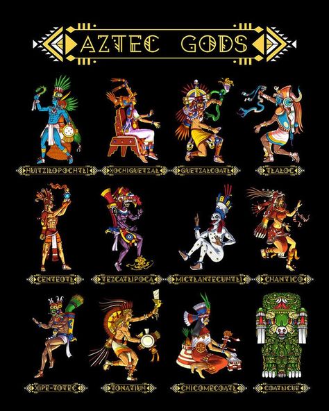 @religion_mexicana’s Instagram post: “Aztec Gods By Nikolay Todorov #aztecgods #teotl #aztecdeities #aztecmythology #aztec #mythology #aztecart #huitzilopochtli #xochipilli…” Aztec Symbols, World Mythology, Mythical Monsters, Pagan Gods, Aztec Culture, Aztec Warrior, Mexican Culture Art, Legends And Myths, Aztec Art