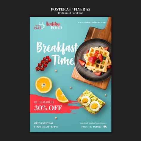 Breakfast restaurant poster template | Free Psd #Freepik #freepsd #freeflyer #freeposter #freefood #freetemplate Menu Design Layout, Breakfast Restaurant, Restaurant Advertising, Bio Food, Poster Food, Restaurant Poster, Poster Template Free, Food Template, Breakfast Restaurants