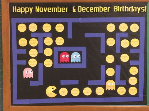 PacMan birthday bulletin board Birthday Board Workplace, Pacman Bulletin Board Ideas, Workplace Birthday Board Ideas, Employee Birthday Board Ideas, Happy Birthday Bulletin Boards, Pacman Birthday, Birthday Bulletin Board, Bulletin Boards Theme, Birthday Boards