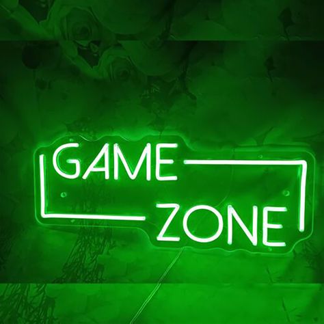 A photograph of a green neon sign that reads "game zone". Neon Green Room, Gaming Aesthetic, Space Grunge, Game Zone, Apartment Dining Room, Light Party, Room Green, Neon Room, Game Quotes