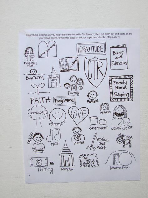 Lds Doodles Journal Ideas, Lds Doodles, Doodles Journal Ideas, Church Doodles, Doodles Journal, Gratitude Book, Lds Seminary, Doodle Journal, Conference Ideas