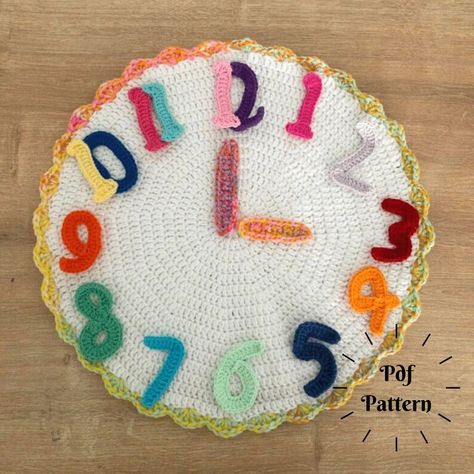 Three Colorful Clock Patterns For Crocheters - KnitHacker Crochet Classroom, Numbers Pattern, Learning Crochet, Class Decor, Learning Time, Class Decoration, Montessori Materials, Preschool Games, Telling Time