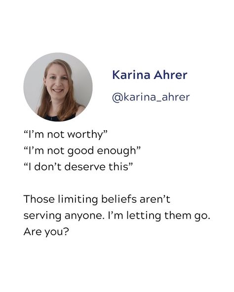 Do you also struggle with those limiting beliefs? 🤯 I'm currently really working hard on decreasing them, because they are not serving anyone. I'm letting them go! ✈️ Are you with me? Let's change those limiting beliefs to motivating ones: ❌ "I'm not worthy" -> "I'm worthy" ✅ ❌ "I'm not good enough" -> "I'm good" ✅ ❌ "I don't deserve this" -> "I deserve this!" ✅ You deserve the best and happiest life! By believing in yourself, you're making your dreams come true. Believe me! 💯 👉 follow me... Believing In Yourself, Believe Me, Limiting Beliefs, I Deserve, Good Enough, Working Hard, Dreams Come True, Im Awesome, Dream Come True