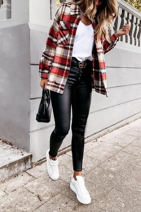 831c2f88a604a07ca94314b56a4921b8desc50386081ri Outfits Leggins, Plaid Print Shirt, Br Style, Basic White Tee, Long Sleeve Plaid, Plaid Jacket, Faux Leather Leggings, Casual Coat, Women's Coats