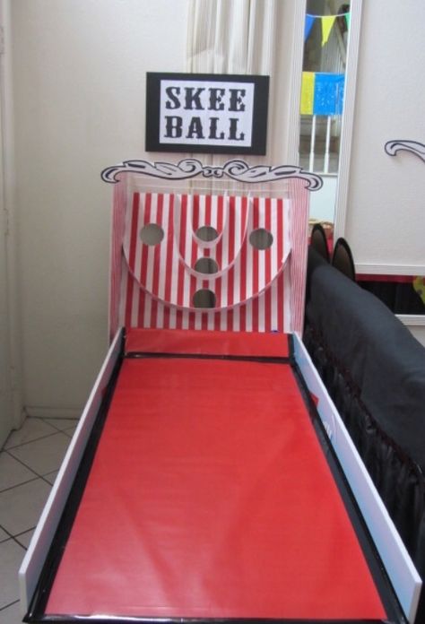 Magalie Sarnataro's props Cirque du Freak carnival  Decor details  Games Skee Ball Diy, Diy Skee Ball, Carnival Party Games, Fnaf Party, Circus Game, Carnival Activities, Carnival Decor, Diy Carnival Games, Homemade Carnival Games