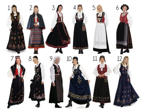 Here are some various kind of norwegian traditional costumes. It's extremely cold in here and the fashion also follow the weather: Long dress, white shirt, warm socks, boots/Norway style shoes and you may usually saw them wear with the long and textiled apron. Norway Folk Costume, Bunad Dress, Norway Costume, Norwegian Dress, Norway Style, Norwegian Clothing, Norwegian Bunad, Scandinavian Costume, Norwegian Style