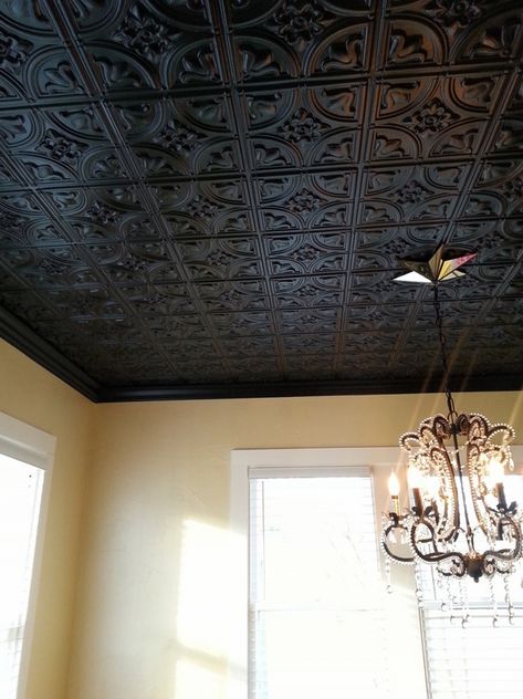 black decorative tin ceiling chandelier home decorating ideas Decorative Ceiling Panels, Pvc Ceiling Tiles, Faux Tin Ceiling, Faux Tin Ceiling Tiles, Decorative Ceiling Tile, Tiles Ideas, Faux Tin, Tin Tiles, Basement Ceiling