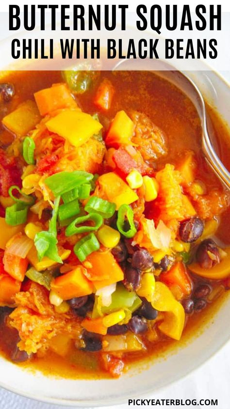 Squash Black Bean Corn, Butternut Squash Black Bean Chili, Vegetarian Chili Instant Pot, Instant Pot Recipes Chili, Chili Instant Pot Recipes, Chili Recipes Crockpot, Butternut Squash Ravioli Recipe, Healthy Vegetarian Chili, Squash Ravioli Recipe