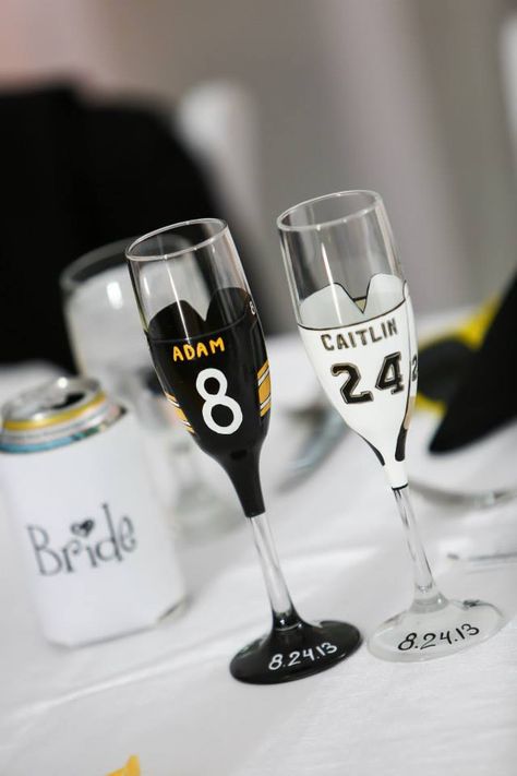 Handpainted toasting flutes made by http://www.etsy.com/shop/lgrn22. She normally will paint your wedding dress, but I chose to have the jerseys. She does GREAT work! Pittsburgh Themed Wedding, Football Themed Wedding Reception, Steelers Wedding, Jas Wedding, Football Wedding Theme, Jazz Wedding, Wedding Reception Themes, Sports Themed Wedding, Football Wedding